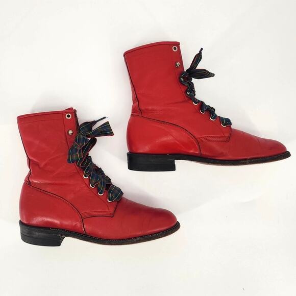 Vintage Justin Red Leather Lace-Up Boots Women’s 7.5B - Picture 1 of 16